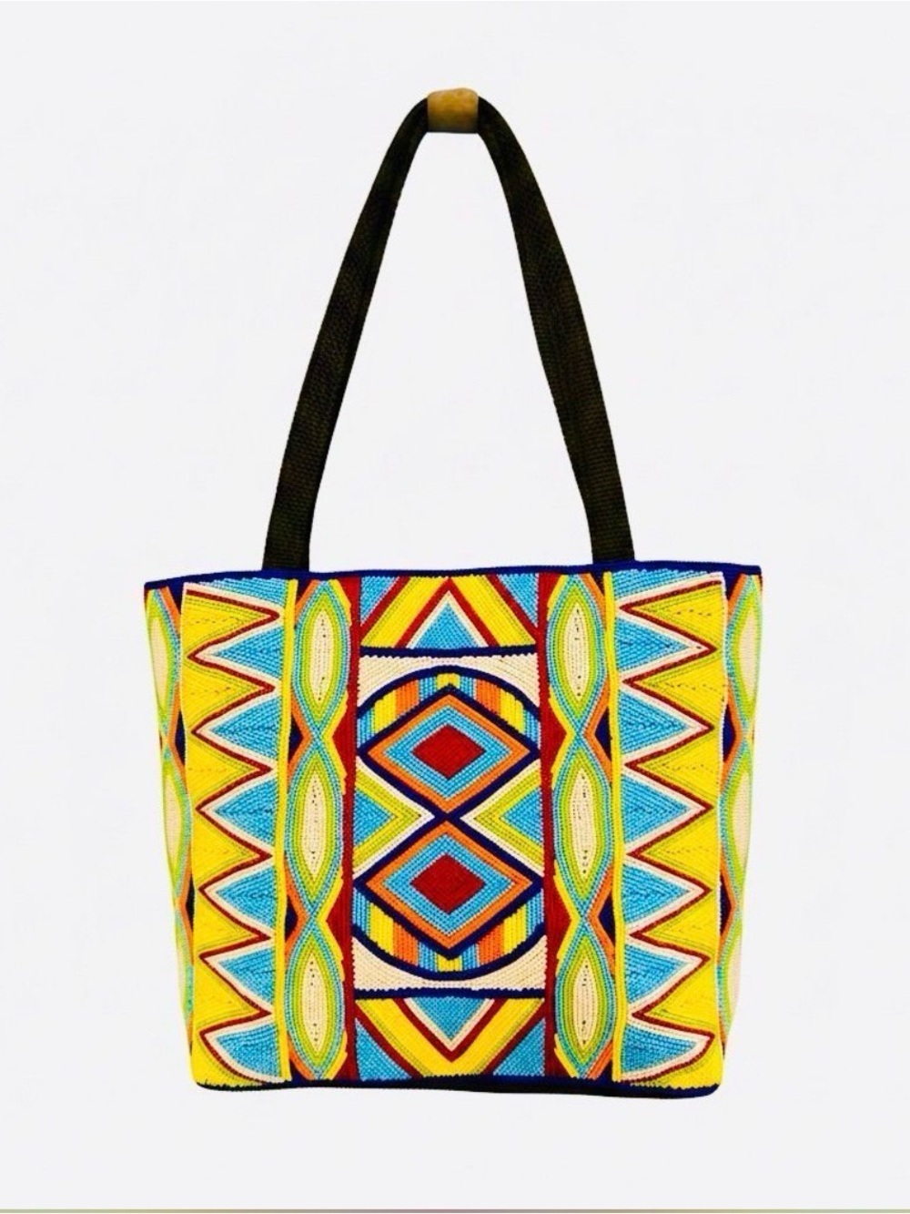 Colorful Geometric Beaded Tote Bag - Yellow Multicolor Western Cowgirl Handbead